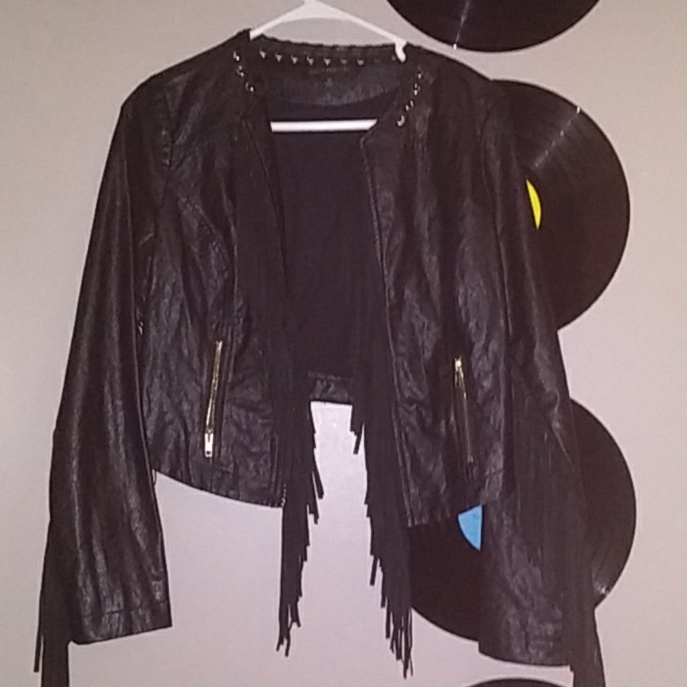 Black leather jacket with fringe